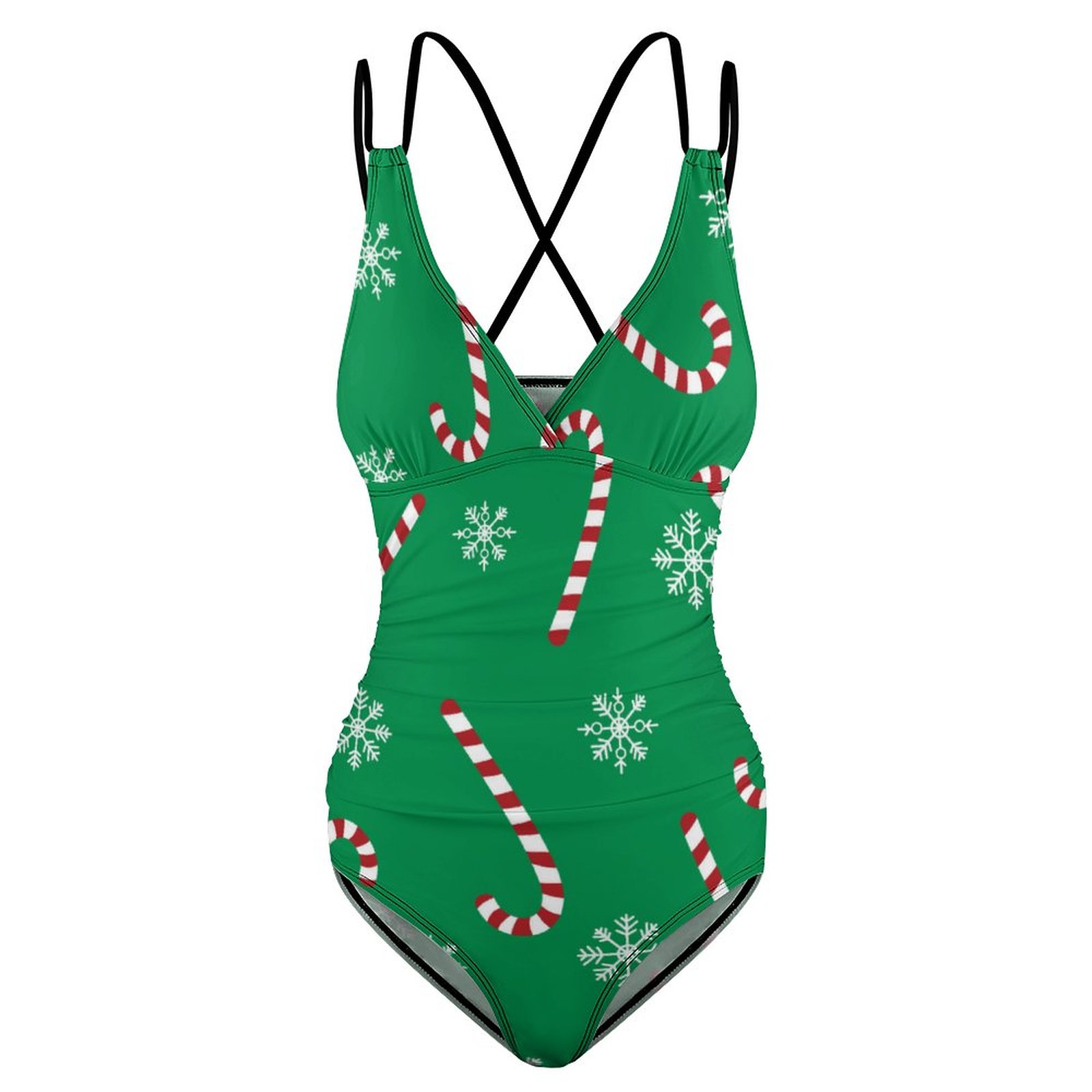 Modern Christmas Holiday Candy Cane Snow Halter Backless Ruched One-Piece Swimsuit Tummy Control V Neck Bathing Suits