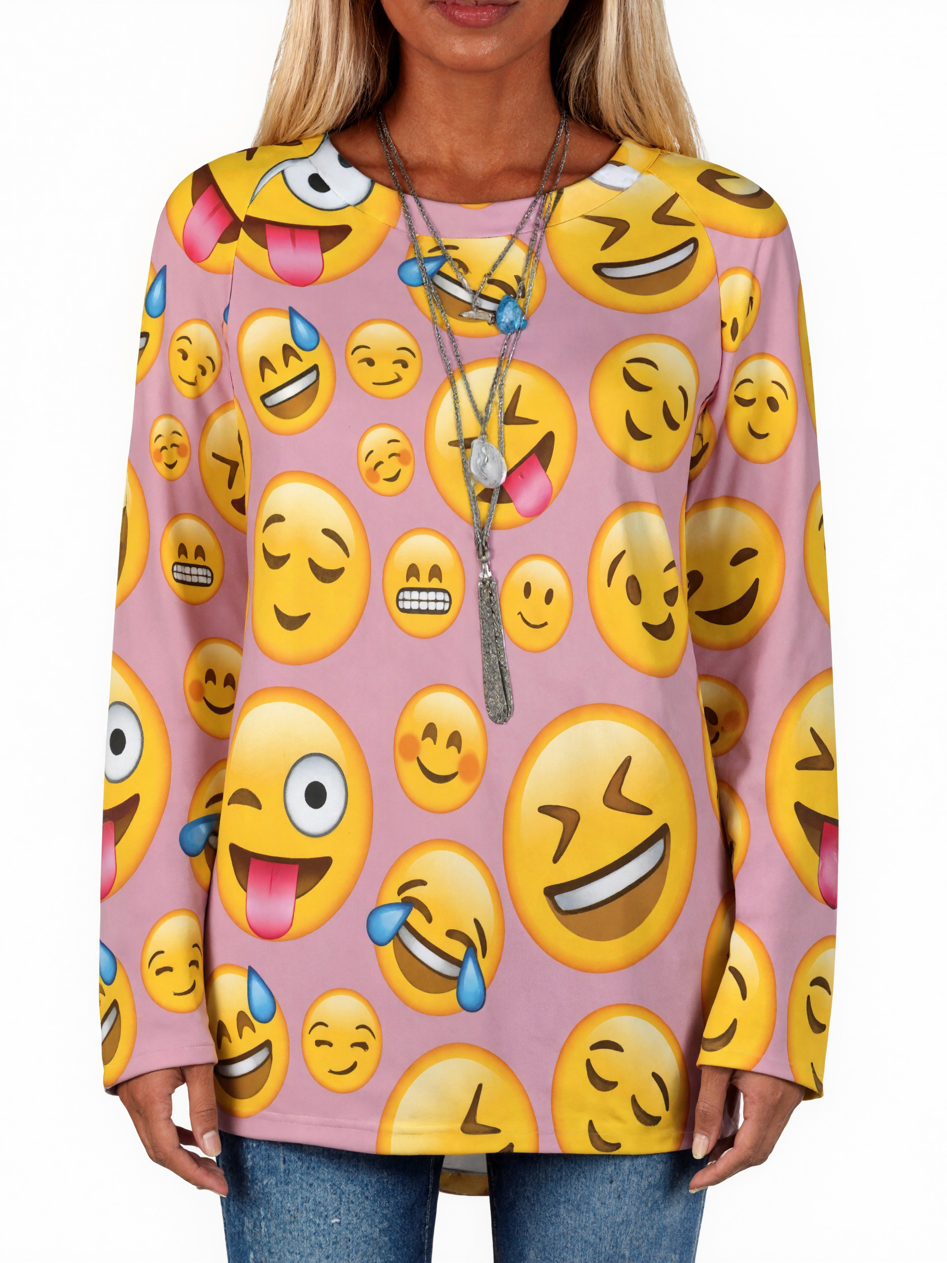 Laugh Out Loud Lol Emoji Crew Neck Round Hem Loose T-Shirt Women Raglan Sleeve Pullover Sweatshirts Plus Size Tops