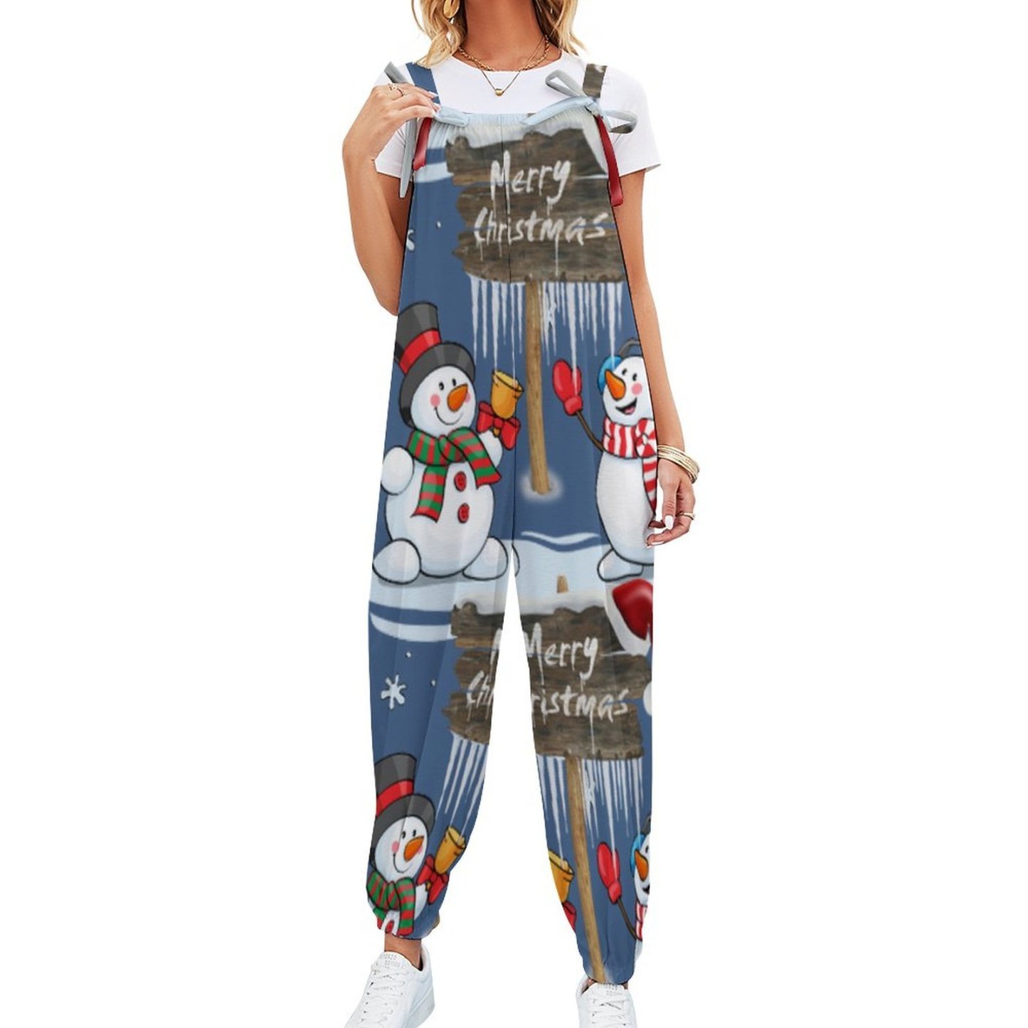 Personalized Women Merry Christmas Snowman Santa Hat Baggy Harem Overall Jumpsuit