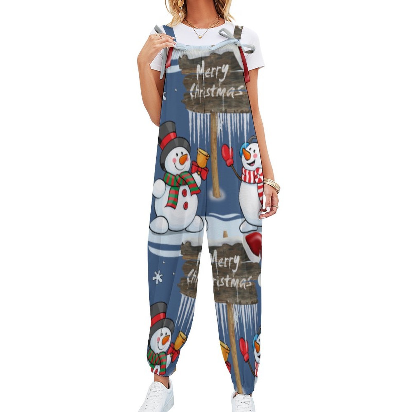 Personalized Women Merry Christmas Snowman Santa Hat Baggy Harem Overall Jumpsuit