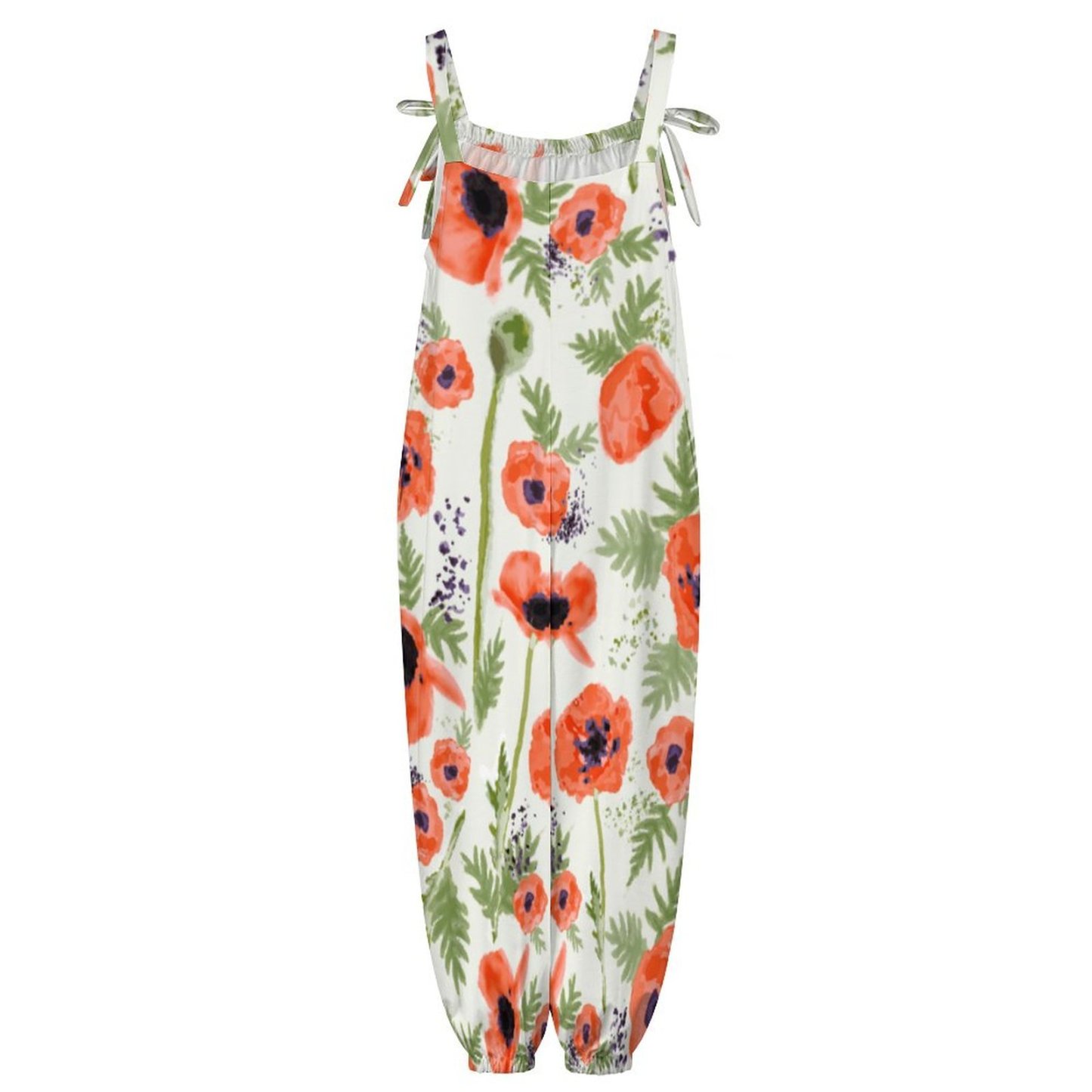 Women Orange Red Poppy Flowers Watercolor Print Loose Fit Baggy Harem Overall Jumpsuit Tie Spaghetti Strap Long Pants Rompers