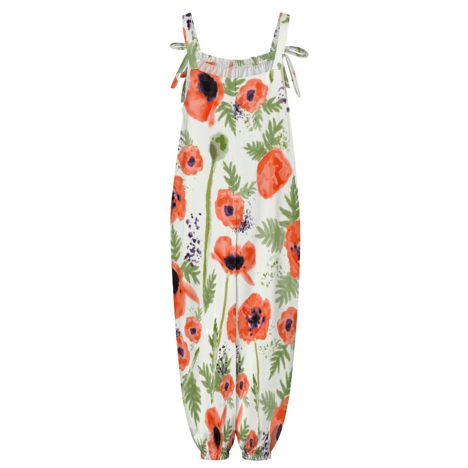 Women Orange Red Poppy Flowers Watercolor Print Loose Fit Baggy Harem Overall Jumpsuit Tie Spaghetti Strap Long Pants Rompers