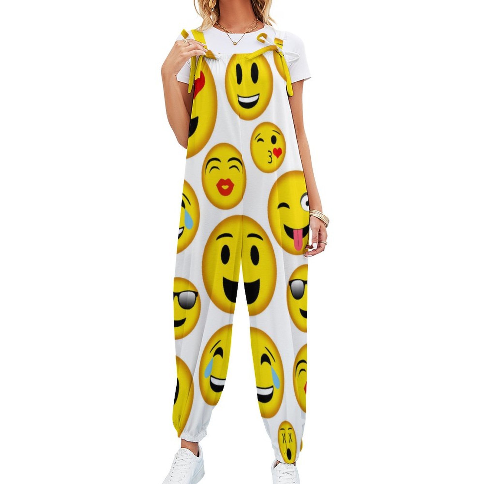 Women Mixed Emoji Print Loose Fit Baggy Harem Overall Jumpsuit Tie Spaghetti Strap Casual Long Pants Rompers