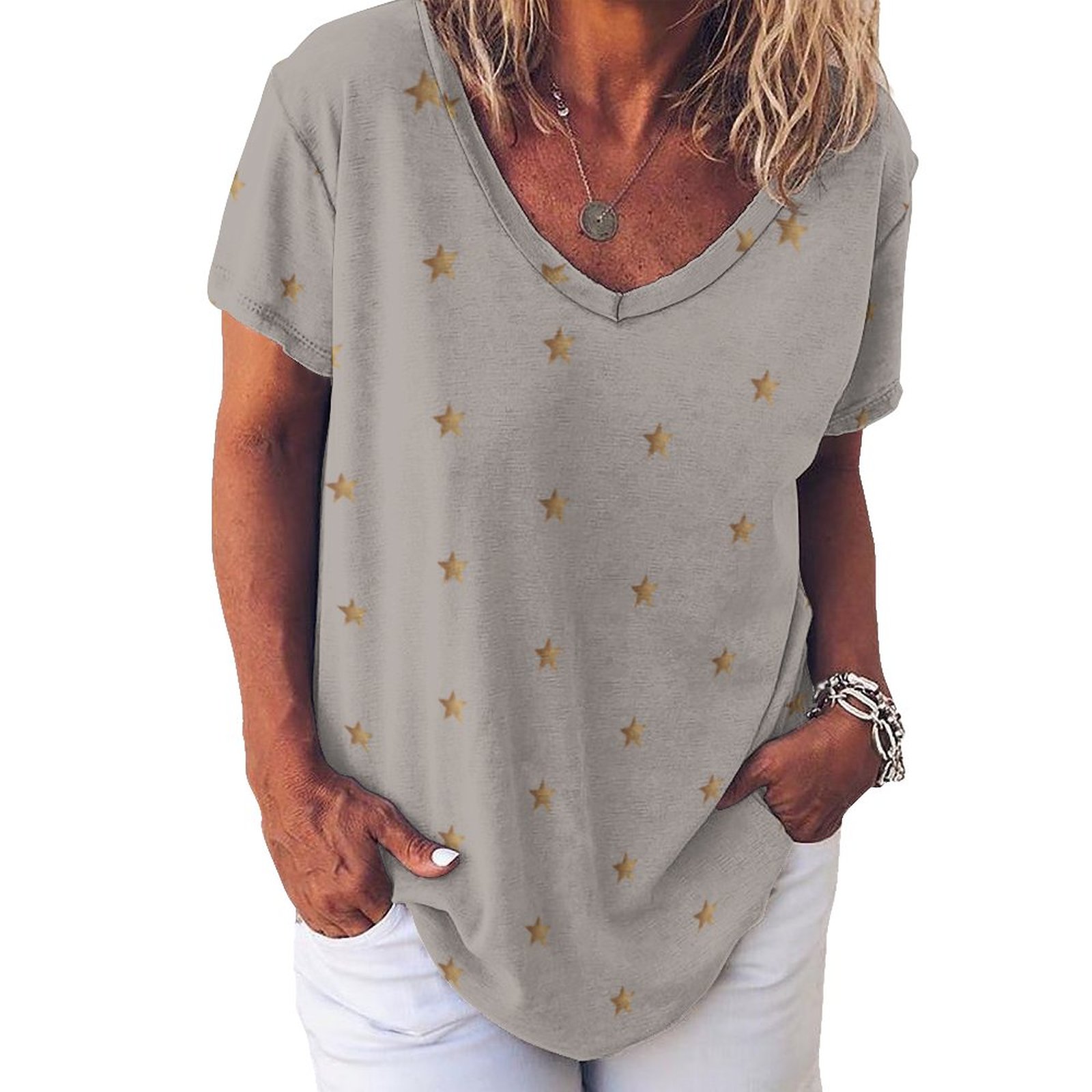 S-4XL Minimal Gold Stars Women T Shirts Basic V-Neck Tee Loose Vintage Fitting Oversize Short Sleeve Tops-Charlylifestyle