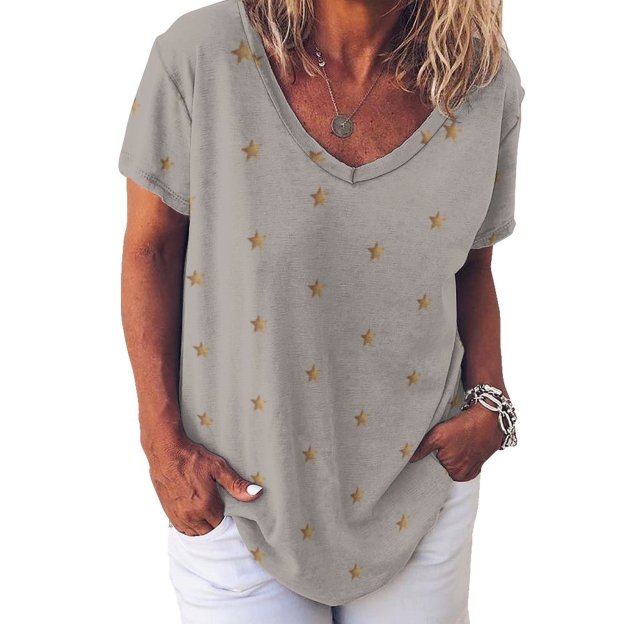 S-4XL Minimal Gold Stars Women T Shirts Basic V-Neck Tee Loose Vintage Fitting Oversize Short Sleeve Tops-Charlylifestyle