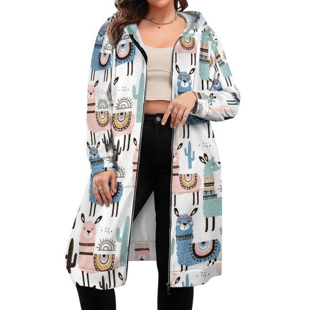 Funny Llama And Cactus Pattern Zip Up Long Hoodie Jacket Coat Women Tunic Sweatshirt Plus Size Open Front Cardigan Outfits