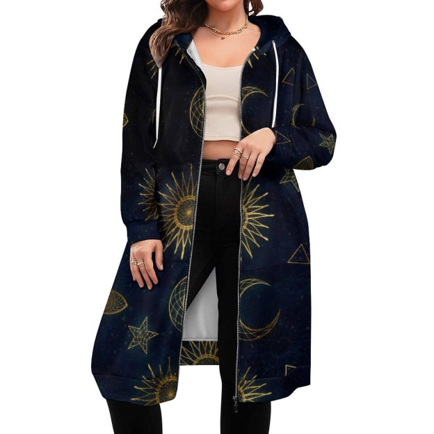 Magical Gold Moon Sun Stars Dark Blue Zip Up Long Hoodie Jacket Women Tunic Sweatshirt Plus Size Open Front Cardigan Outfits