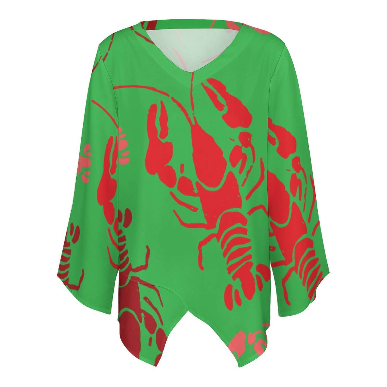 Lobster Bake Or Crawfish Boil Retro Hippie Sunscreen 3/4 Sleeve V Neck Chiffon Shirt Blouse Women Loose Flowy Work Top