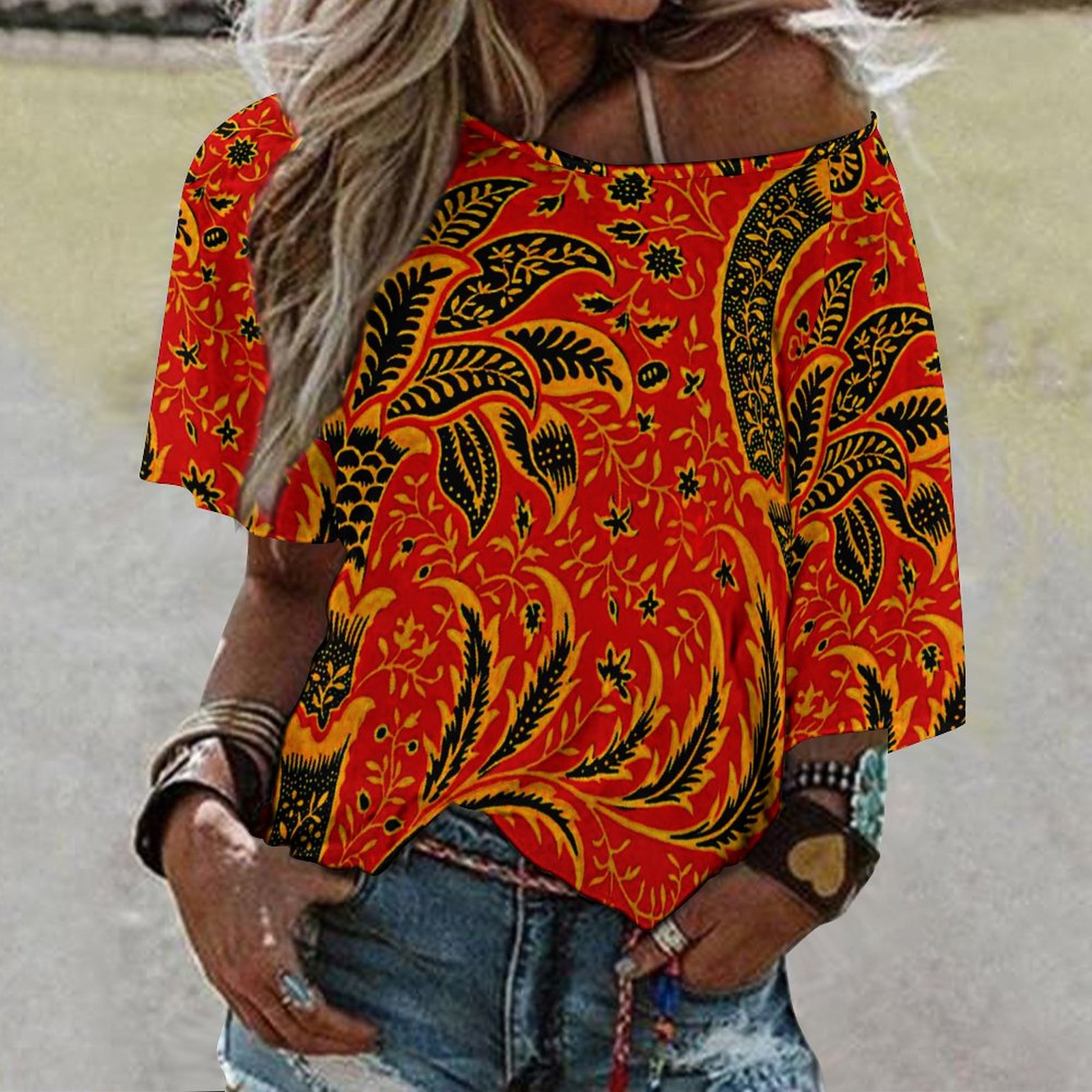 Funny Vintage India Vintage O Neck Batwing Half Sleeve Shirts Women Loose Blouse Print Tops-Charlylifestyle