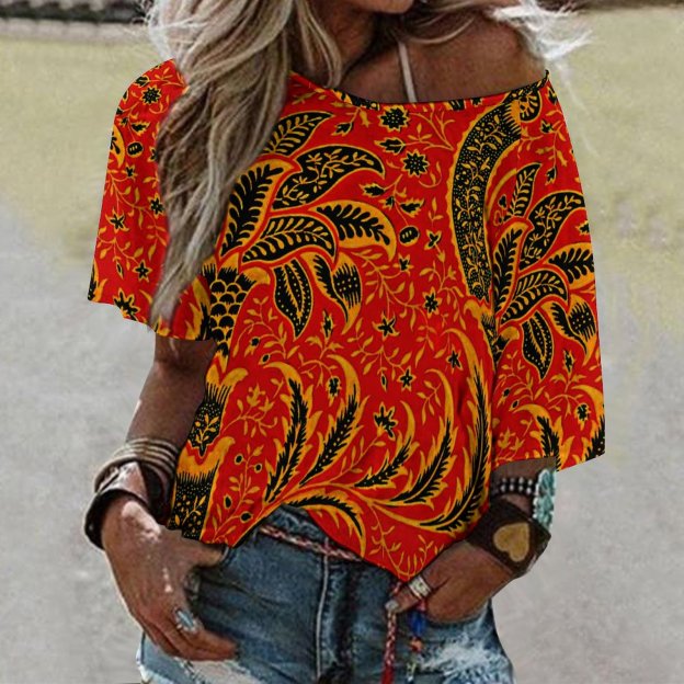 Funny Vintage India Vintage O Neck Batwing Half Sleeve Shirts Women Loose Blouse Print Tops-Charlylifestyle