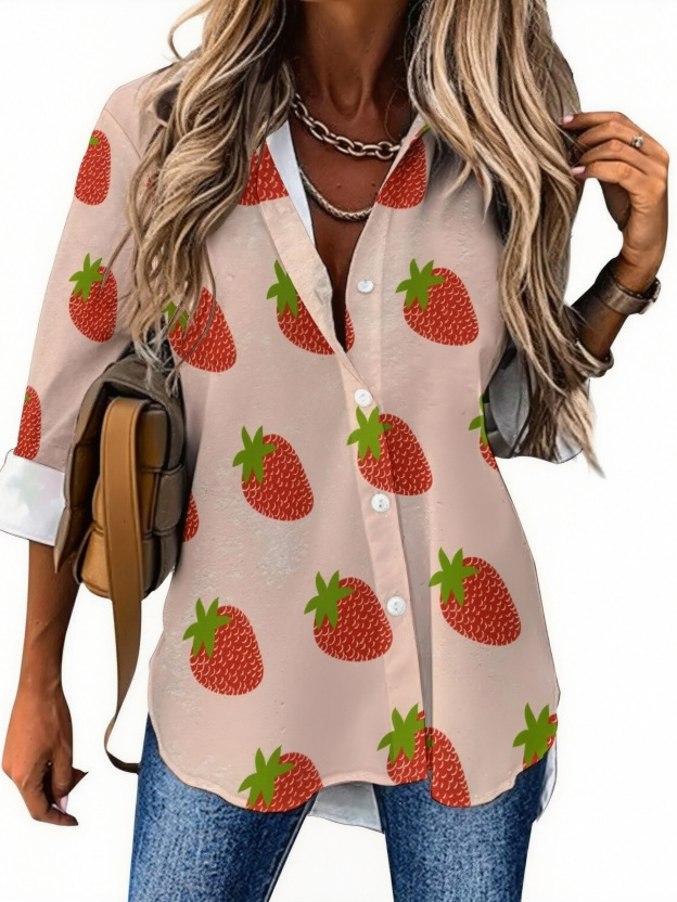 Modern Red Strawberries Brown Button Down V Neck Shirts Long Sleeve Blouse Roll Up Cuffed Sleeve Casual Shirt Tops