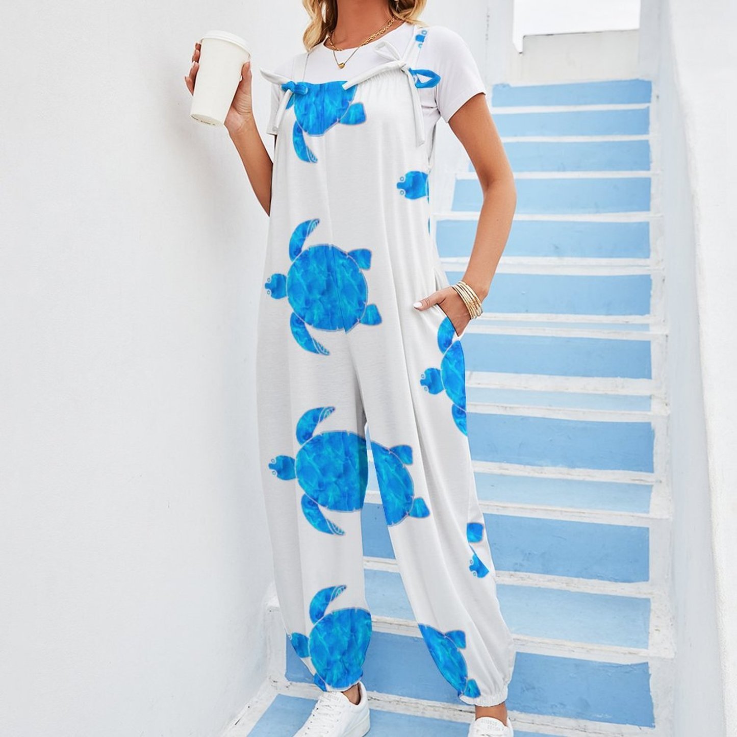 Women Ocean Blue Turtle Print Loose Fit Baggy Harem Overall Jumpsuit Tie Spaghetti Strap Casual Long Pants Rompers