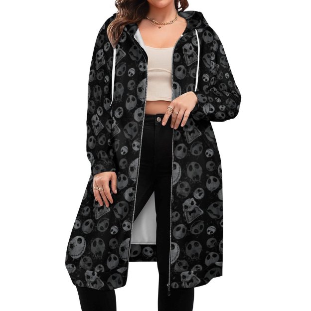 Funny Jack Skellington Pattern Zip Up Long Hoodie Jacket Coat Women Tunic Sweatshirt Plus Size Open Front Cardigan Outfits