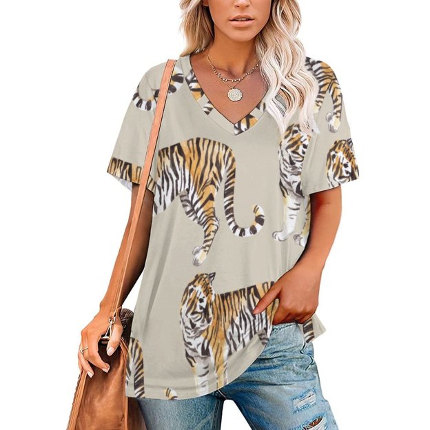 Modern Tropical Watercolor Tigers Wild Womens Summer Casual T Shirts Boho Full Print Short Sleeve Loose Hippie Tunic Tops-Charlylifestyle