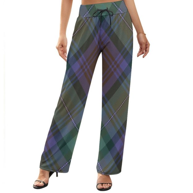 Summer Fall Isle Of Skye Tartan Plaid Argyle Green Women's High Waist Wide Leg Long Palazzo Lounge Pants-Charlylifestyle