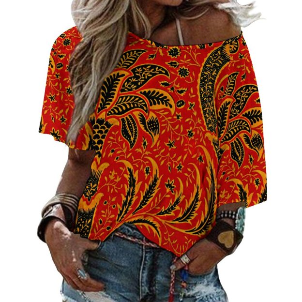 Funny Vintage India Vintage O Neck Batwing Half Sleeve Shirts Women Loose Blouse Print Tops-Charlylifestyle