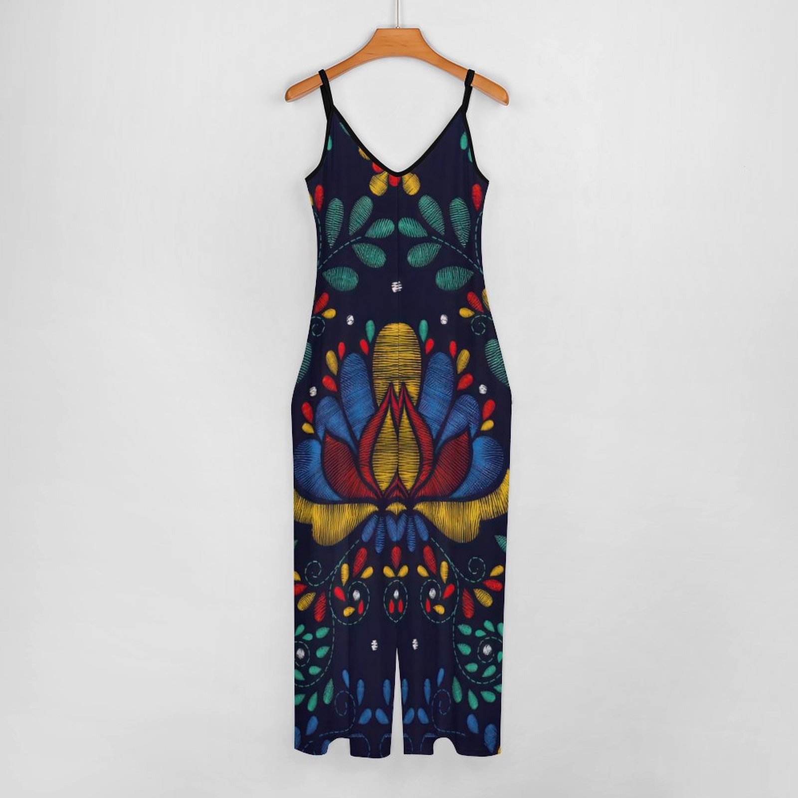 Summer Bohemia Mexican Traditional Embroidery Cami Wide Leg Jumpsuits Women Casual Shoulder Strap Adjustable Rompers Pants