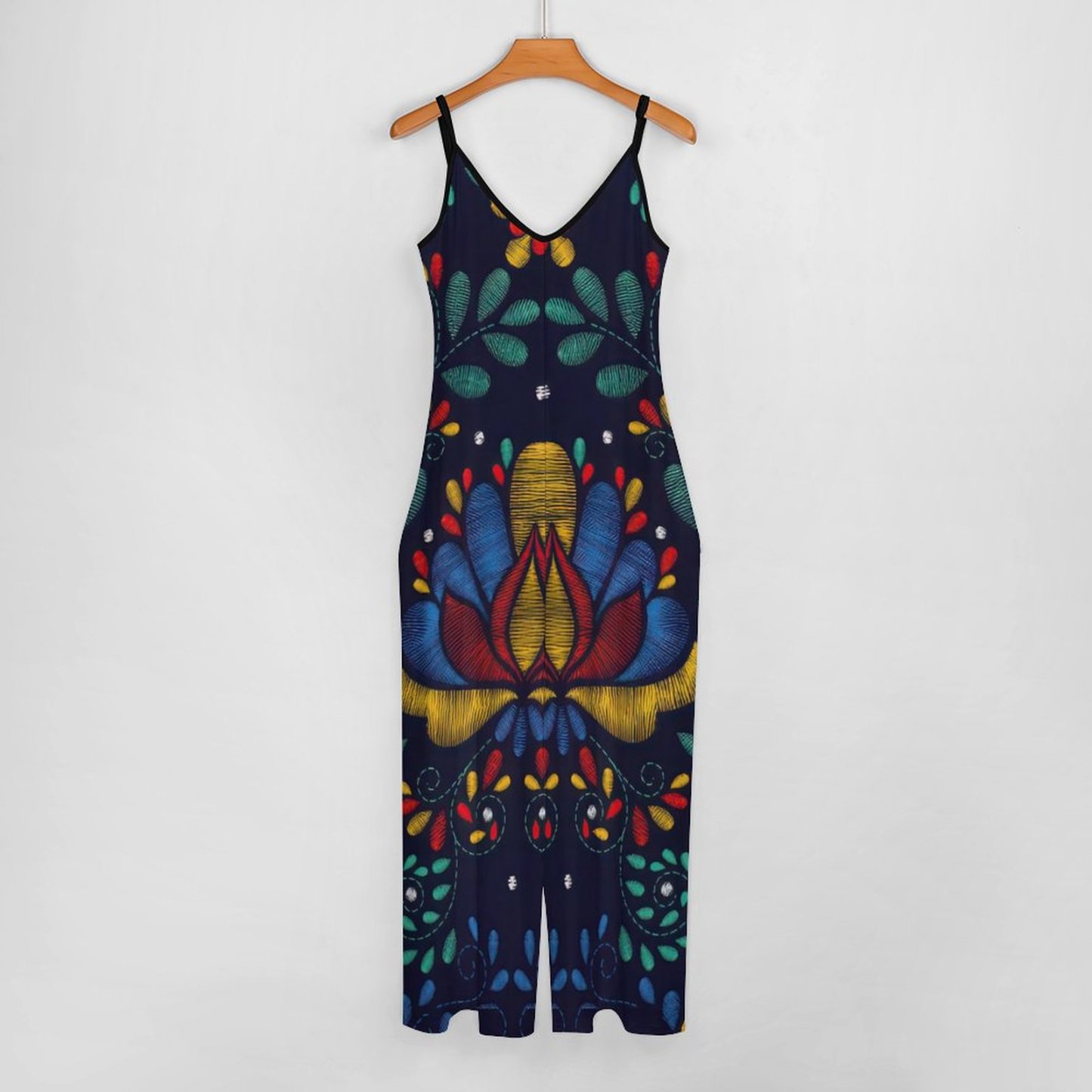 Summer Bohemia Mexican Traditional Embroidery Cami Wide Leg Jumpsuits Women Casual Shoulder Strap Adjustable Rompers Pants