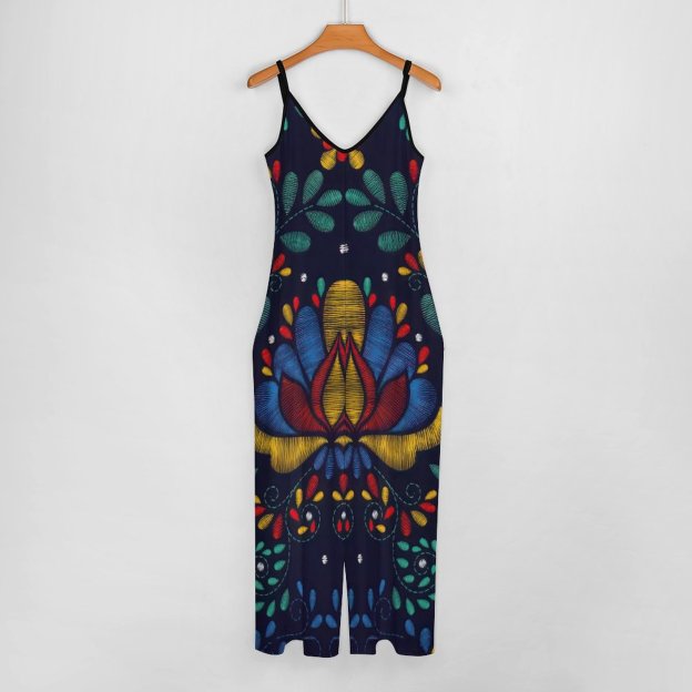 Summer Bohemia Mexican Traditional Embroidery Cami Wide Leg Jumpsuits Women Casual Shoulder Strap Adjustable Rompers Pants