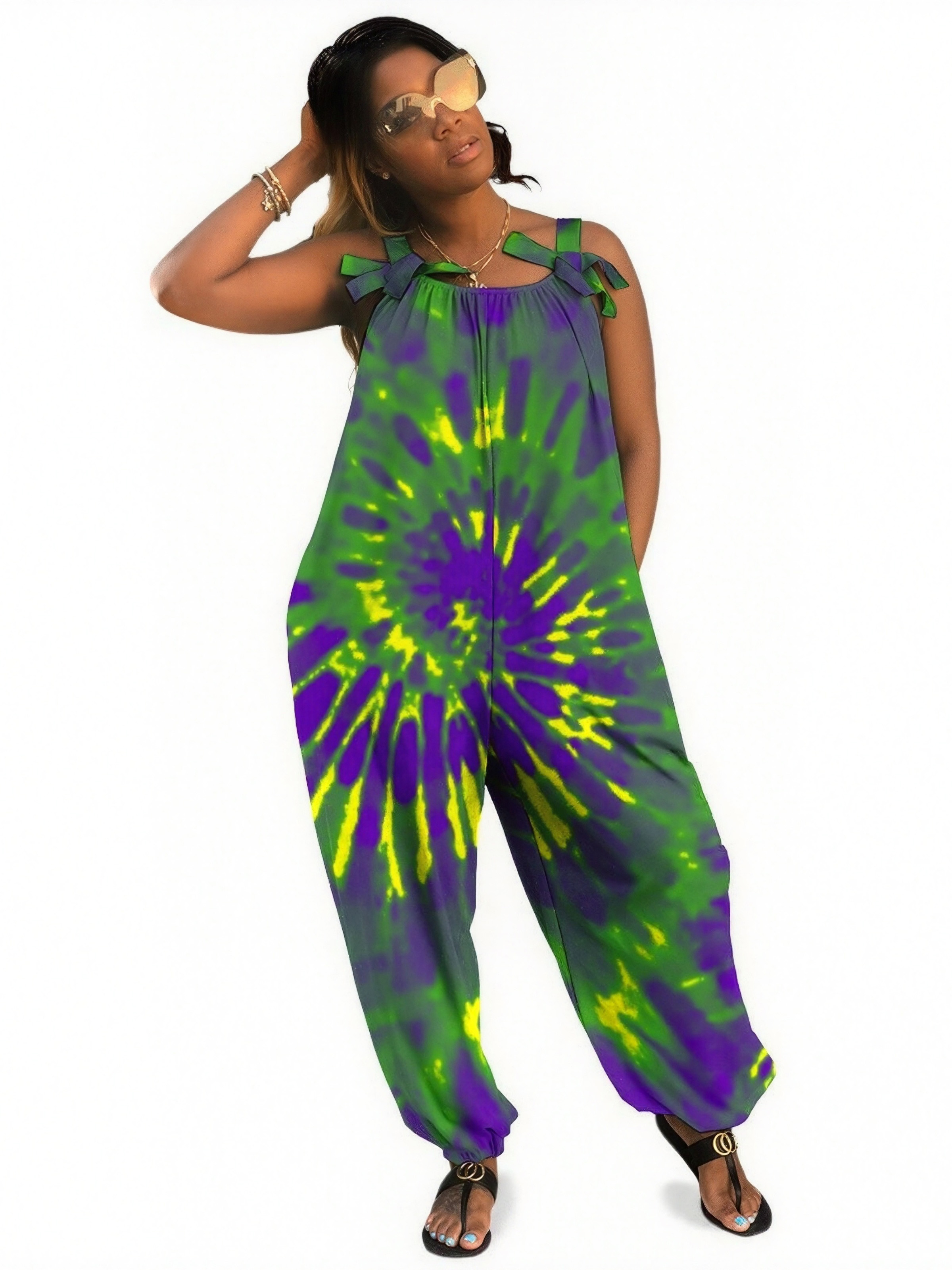 Women Mardi Gras Tie Dye Print Loose Fit Baggy Harem Overall Jumpsuit Tie Spaghetti Strap Casual Long Pants Rompers
