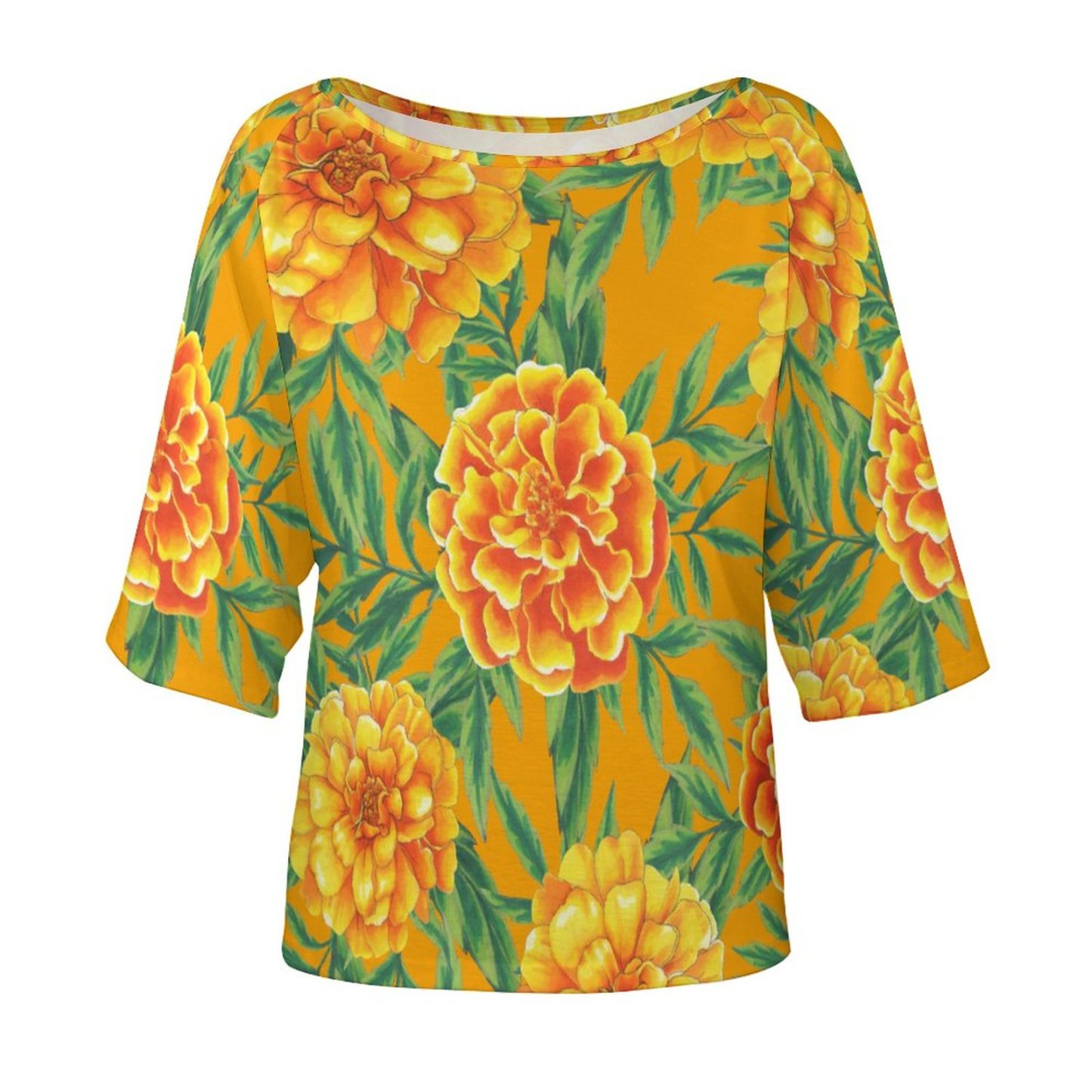 S-5XL Funny Vintage Marigold Flower O Neck Batwing Half Sleeve Shirts Women Loose Blouse Print Tops-Charlylifestyle