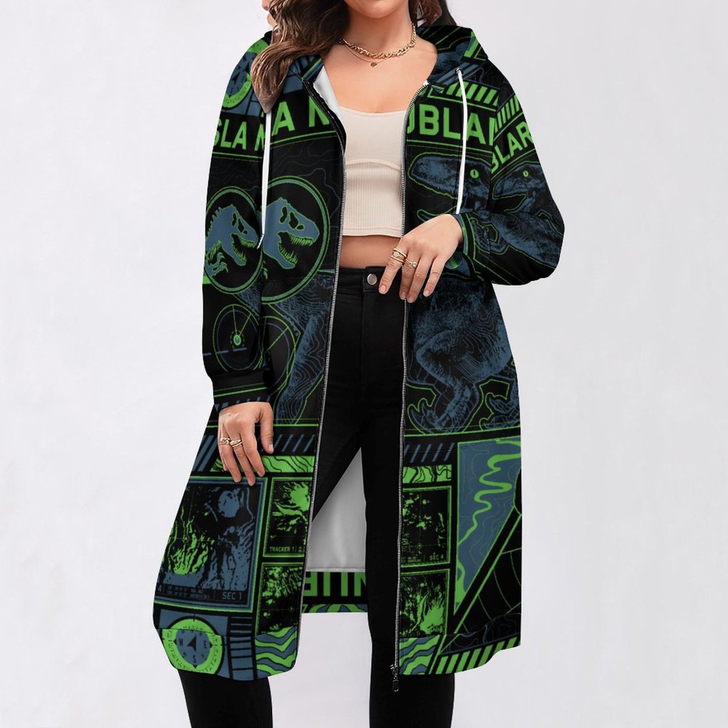 Jurassic World Black Tracker Zip Up Long Hoodie Jacket Coat Women Tunic Sweatshirt Plus Size Open Front Cardigan Outfits