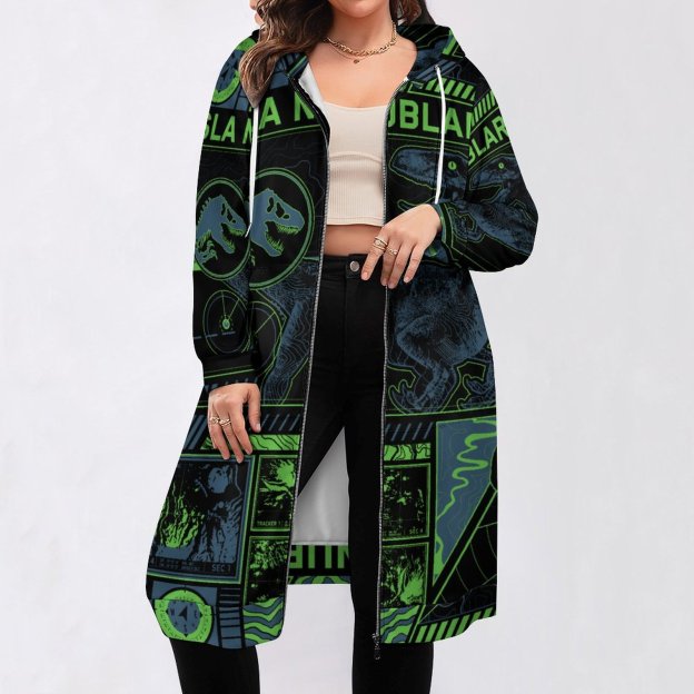 Jurassic World Black Tracker Zip Up Long Hoodie Jacket Coat Women Tunic Sweatshirt Plus Size Open Front Cardigan Outfits
