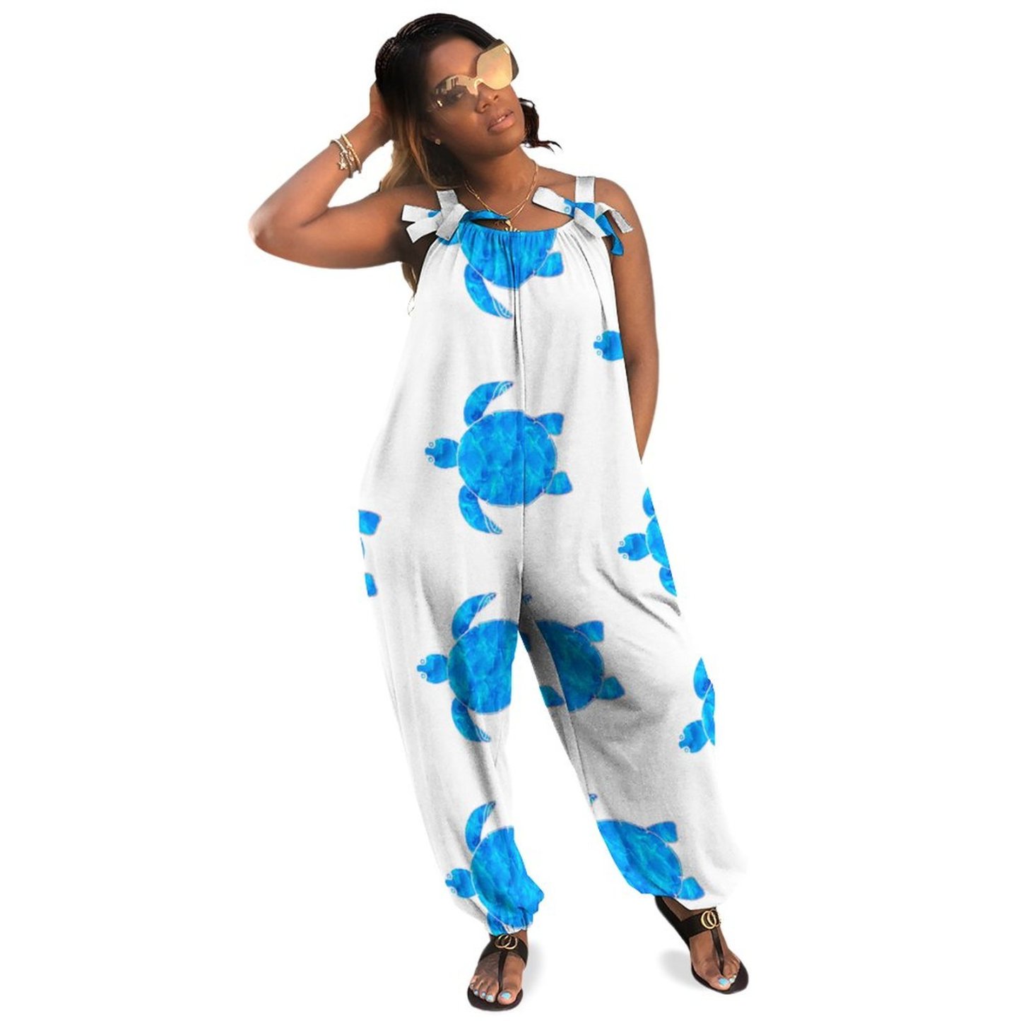 Women Ocean Blue Turtle Print Loose Fit Baggy Harem Overall Jumpsuit T