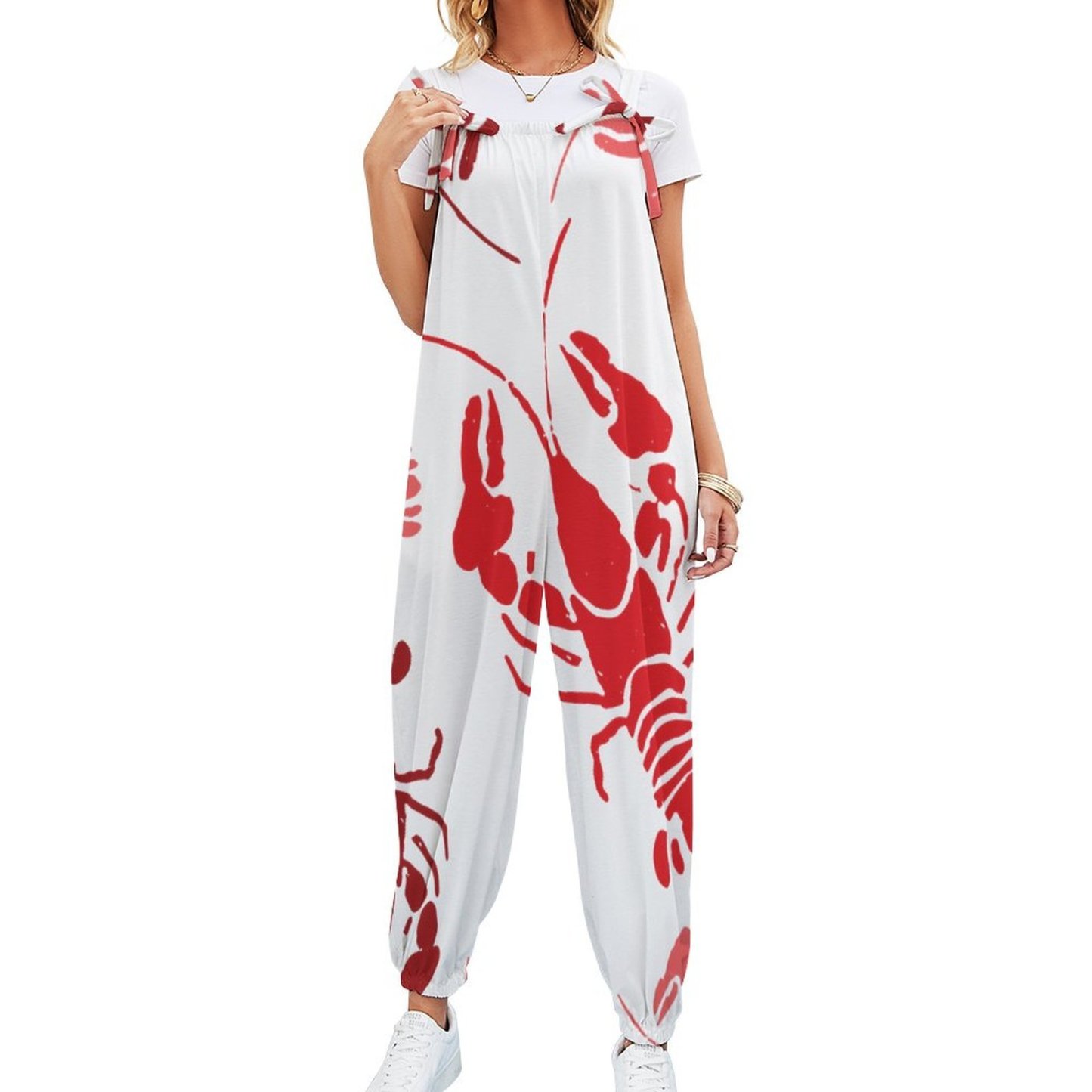 Women Lobster Bake Or Crawfish Boil Retro Print Loose Fit Baggy Harem Overall Jumpsuit Tie Spaghetti Strap Long Pants Rompers