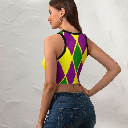 Women Mardi Gras Fat Tuesday Harlequin Crew Neck Crop Tank Basic Sleeveless Graphic Hippie Boyfriend Style Tee Tops-Charlylifestyle