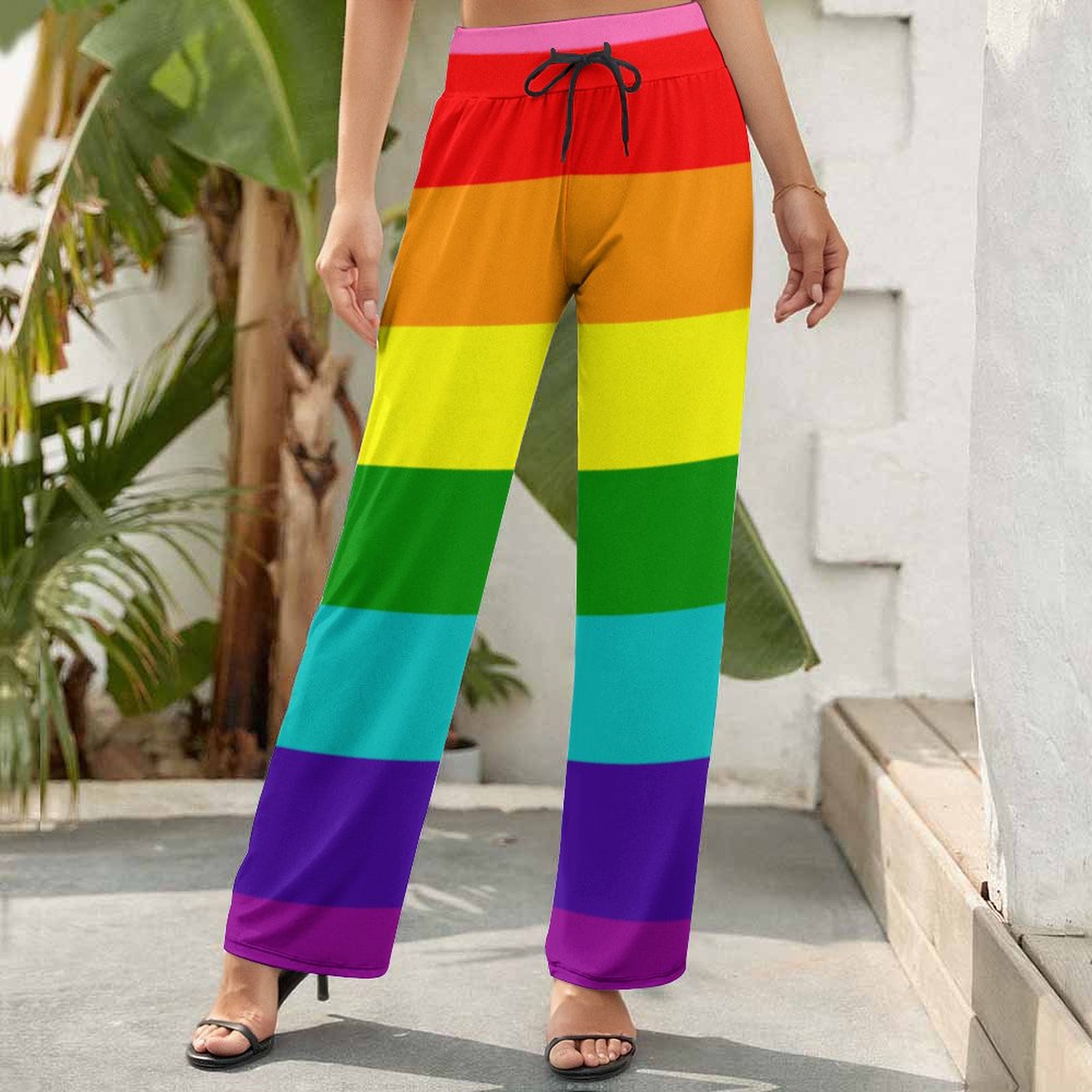 S-2XL Lgbt Rainbow Flag Original 8 Stripes Women's High Waist Wide Leg Long Palazzo Lounge Pants-Charlylifestyle