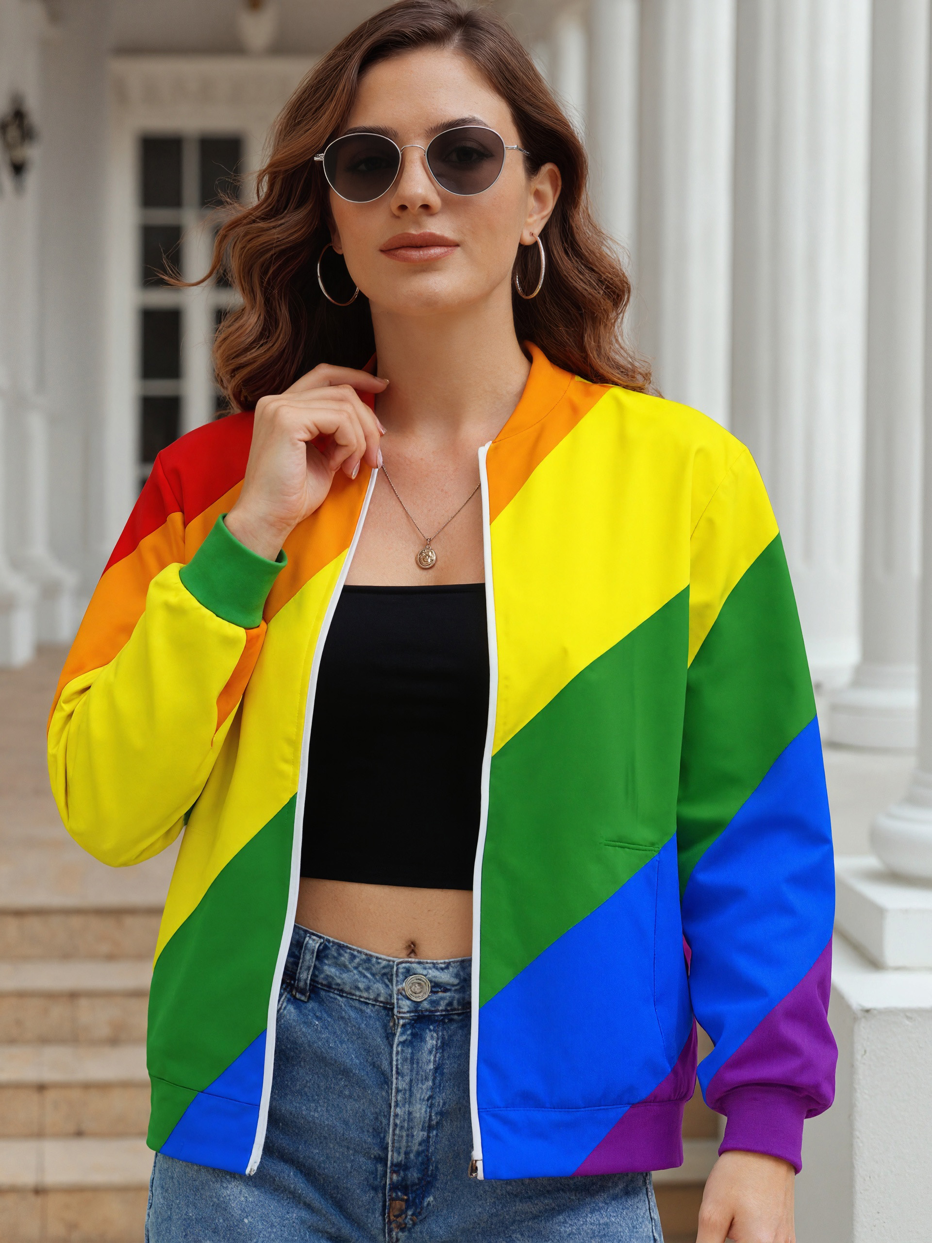 Women Zipper Front Lgbt Pride Diagonal Rainbow Stripe Print Long Sleeve Jackets Baseball Collar Casual Work Office Blazer