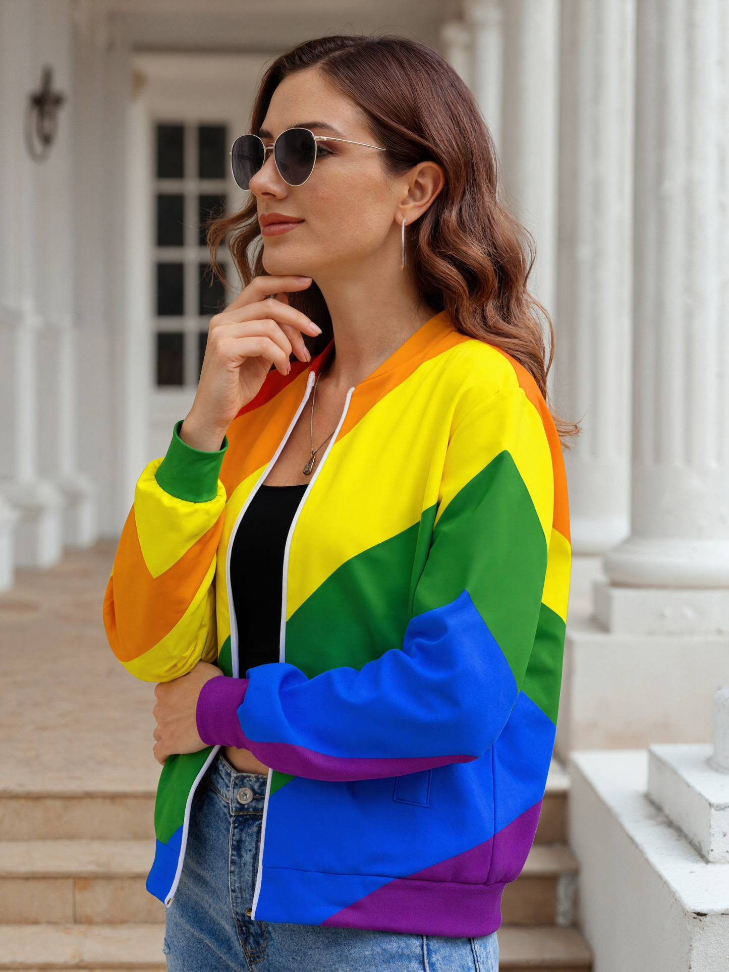 Women Zipper Front Lgbt Pride Diagonal Rainbow Stripe Print Long Sleeve Jackets Baseball Collar Casual Work Office Blazer