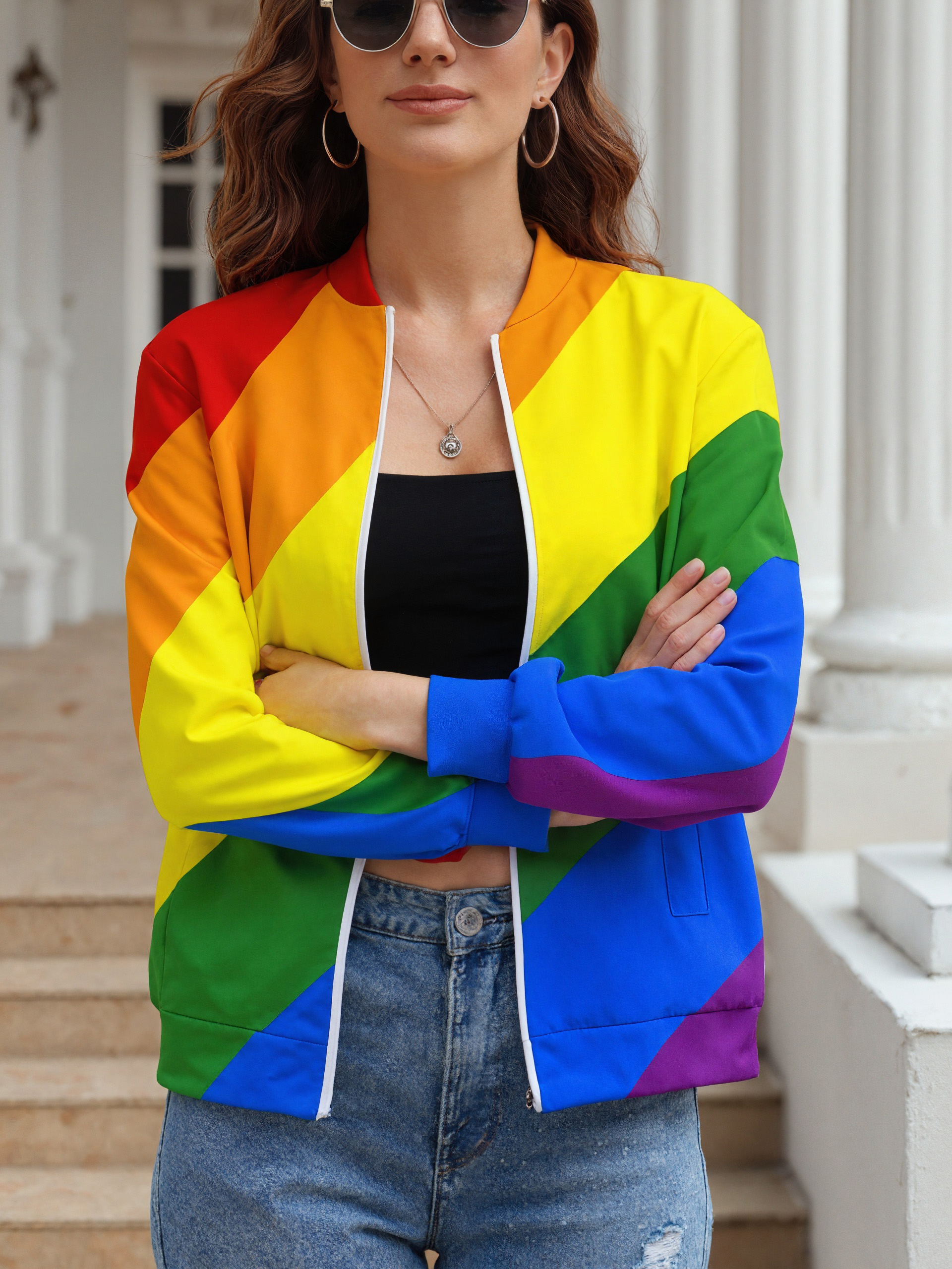 Women Zipper Front Lgbt Pride Diagonal Rainbow Stripe Print Long Sleeve Jackets Baseball Collar Casual Work Office Blazer