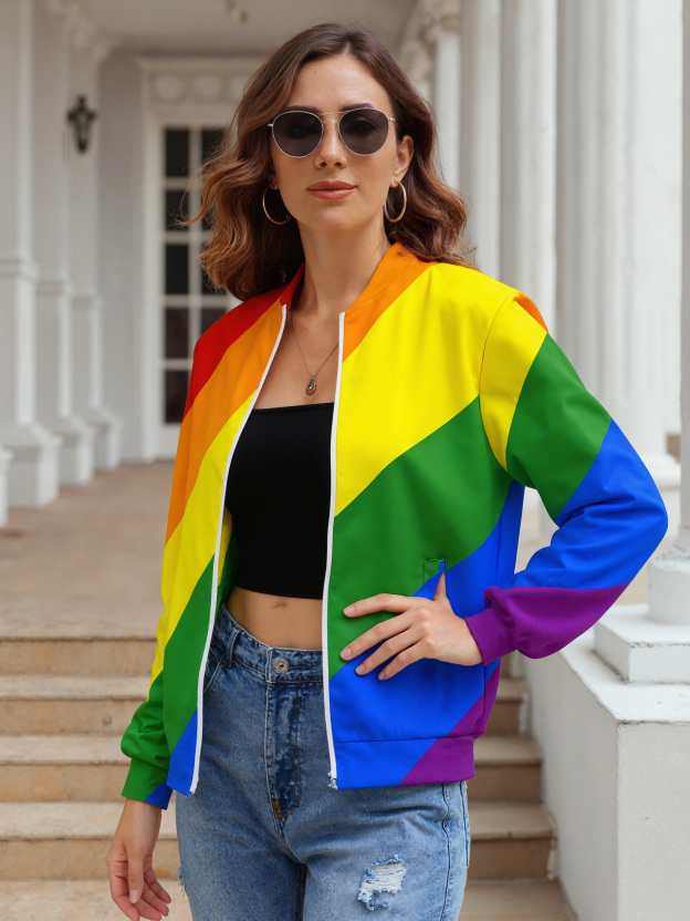 Women Zipper Front Lgbt Pride Diagonal Rainbow Stripe Print Long Sleeve Jackets Baseball Collar Casual Work Office Blazer