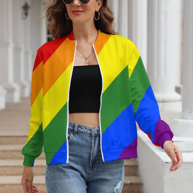 Women Zipper Front Lgbt Pride Diagonal Rainbow Stripe Print Long Sleeve Jackets Baseball Collar Casual Work Office Blazer