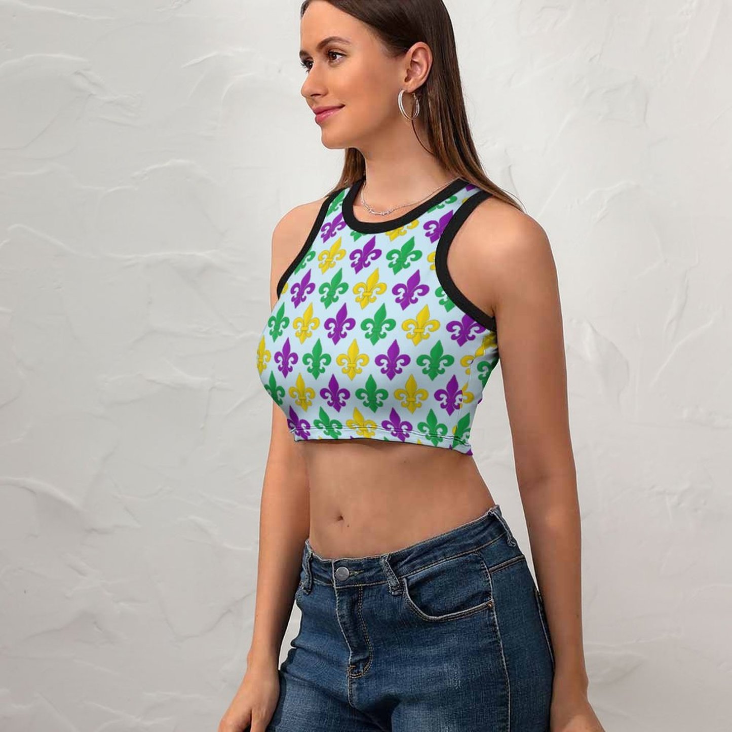 Women Summer Mardi Gras Green Gold Purple Fleur De Lis Crew Neck Crop Tank Basic Sleeveless Graphic Tee Tops-Charlylifestyle