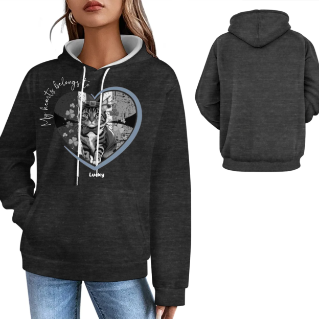 Personalized Photo Upload My Hearts Belongs to Dog Cat Lover Hoodies Custom Friend Family Birthday Gift Pullover