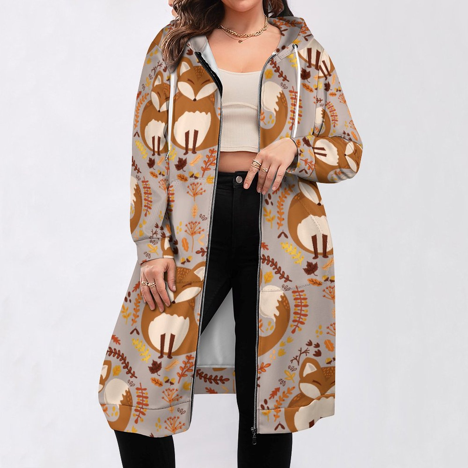 Kids Cute Woodland Fox Zip Up Long Hoodie Jacket Coat Women Tunic Sweatshirt Loose Plus Size Open Front Cardigan Outfits