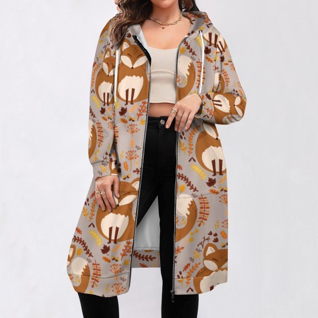 Kids Cute Woodland Fox Zip Up Long Hoodie Jacket Coat Women Tunic Sweatshirt Loose Plus Size Open Front Cardigan Outfits