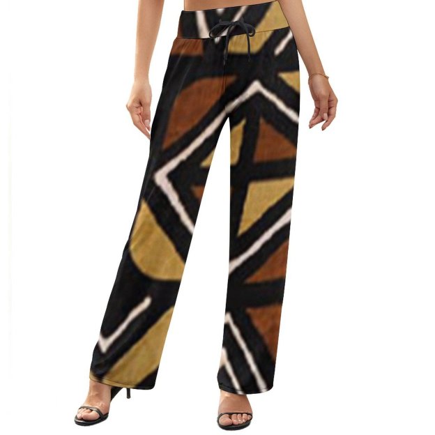 Funny Vintage Kenyan Mud Cloth Women's High Waist Wide Leg Long Palazzo Lounge Pants-Charlylifestyle