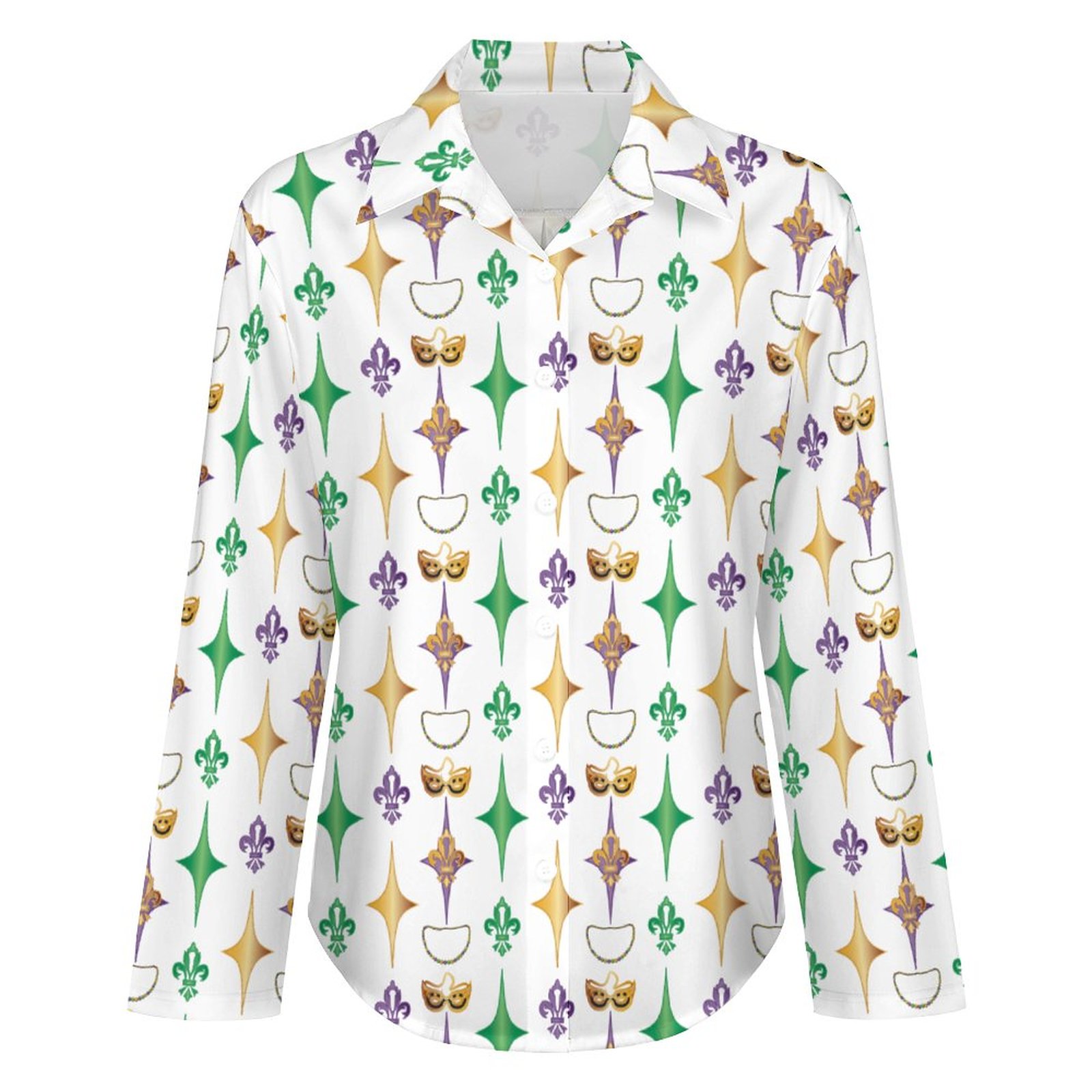 Mardi Gras Festival Harlequins Fleurdelis Button Down V Neck Shirts Long Sleeve Blouse Roll Up Cuffed Sleeve Casual Shirt Tops