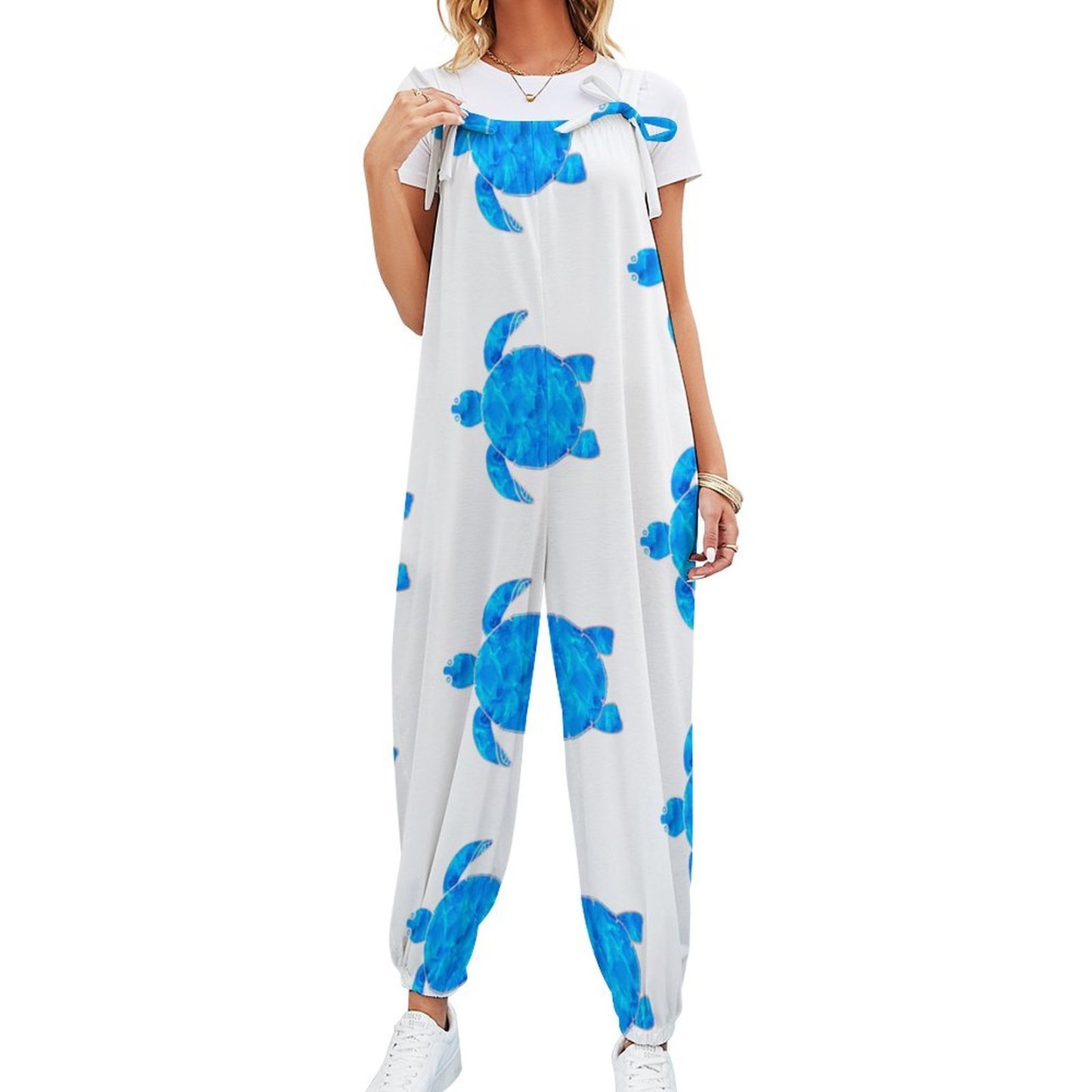 Women Ocean Blue Turtle Print Loose Fit Baggy Harem Overall Jumpsuit Tie Spaghetti Strap Casual Long Pants Rompers