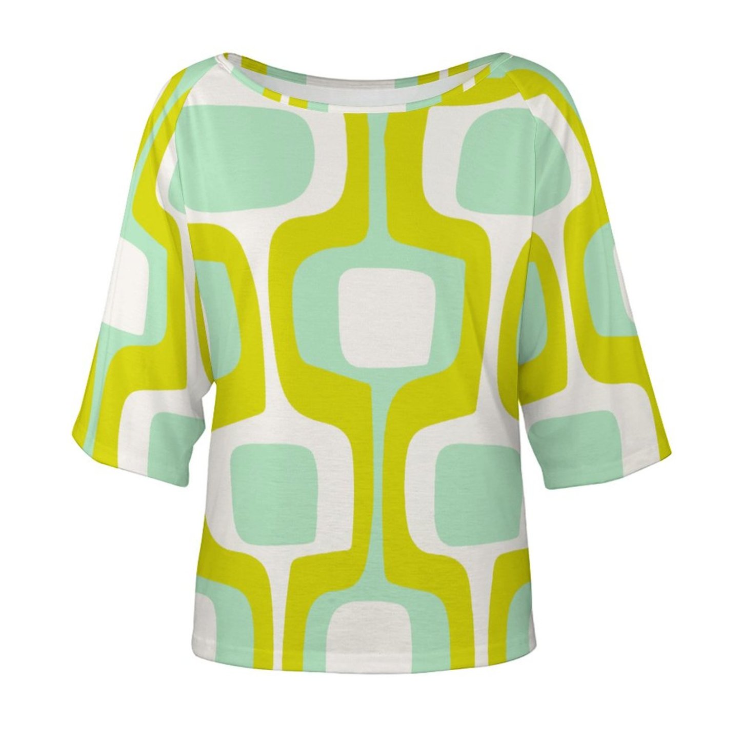 Mint And Chartreuse Mid Century Modern 3/4 Bell Sleeve T-Shirt Elbow Length Basic Tunics Tops for Women-Charlylifestyle