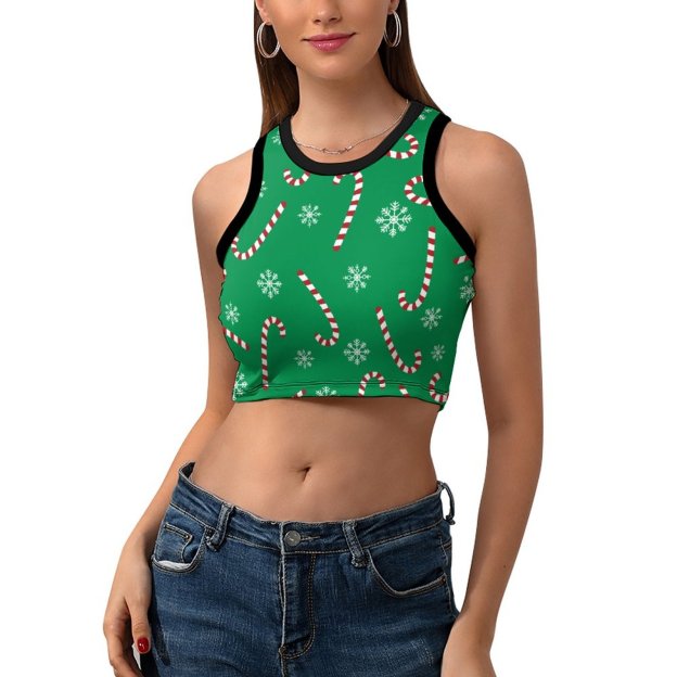 Women Summer Modern Christmas Holiday Candy Cane Snow Crew Neck Crop Tank Basic Sleeveless Hippie Boyfriend Style Tee Tops-Charlylifestyle