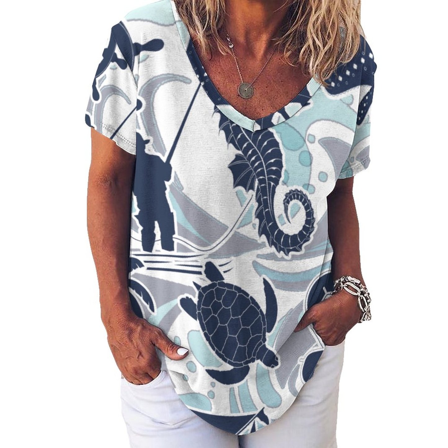 S-4XL Funny Vintage Nautical Beach Womens Summer Casual T Shirts Boho Full Print Short Sleeve Loose Hippie Tunic Tops-Charlylifestyle