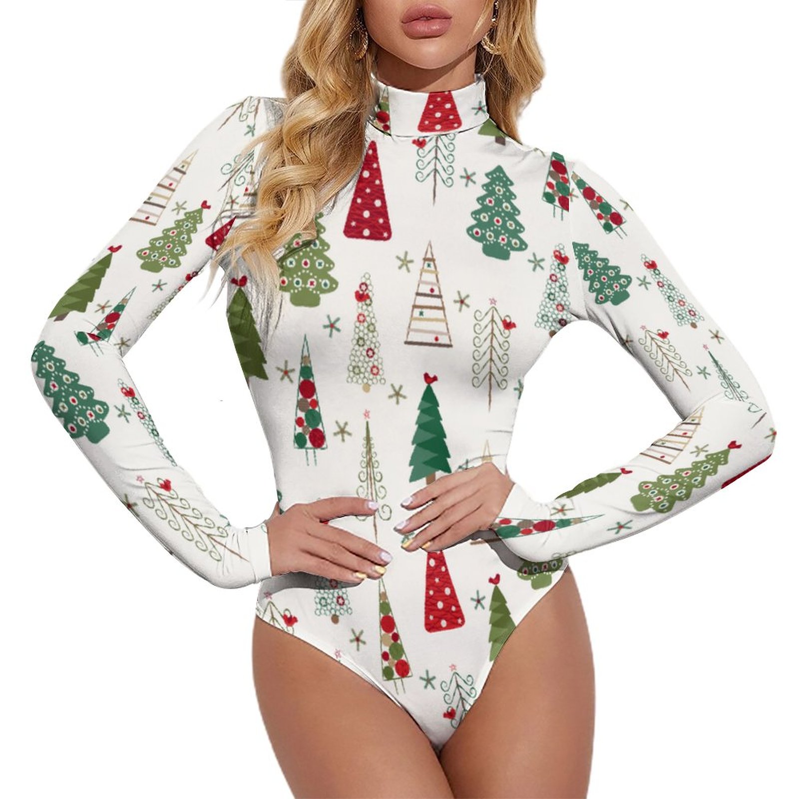 Modern Minimalist Christmas Tree Women Mock Turtle Neck Long Sleeve Tops Bodysuit Slim Fit Body Suit Basic T Shirts Jumpsuit