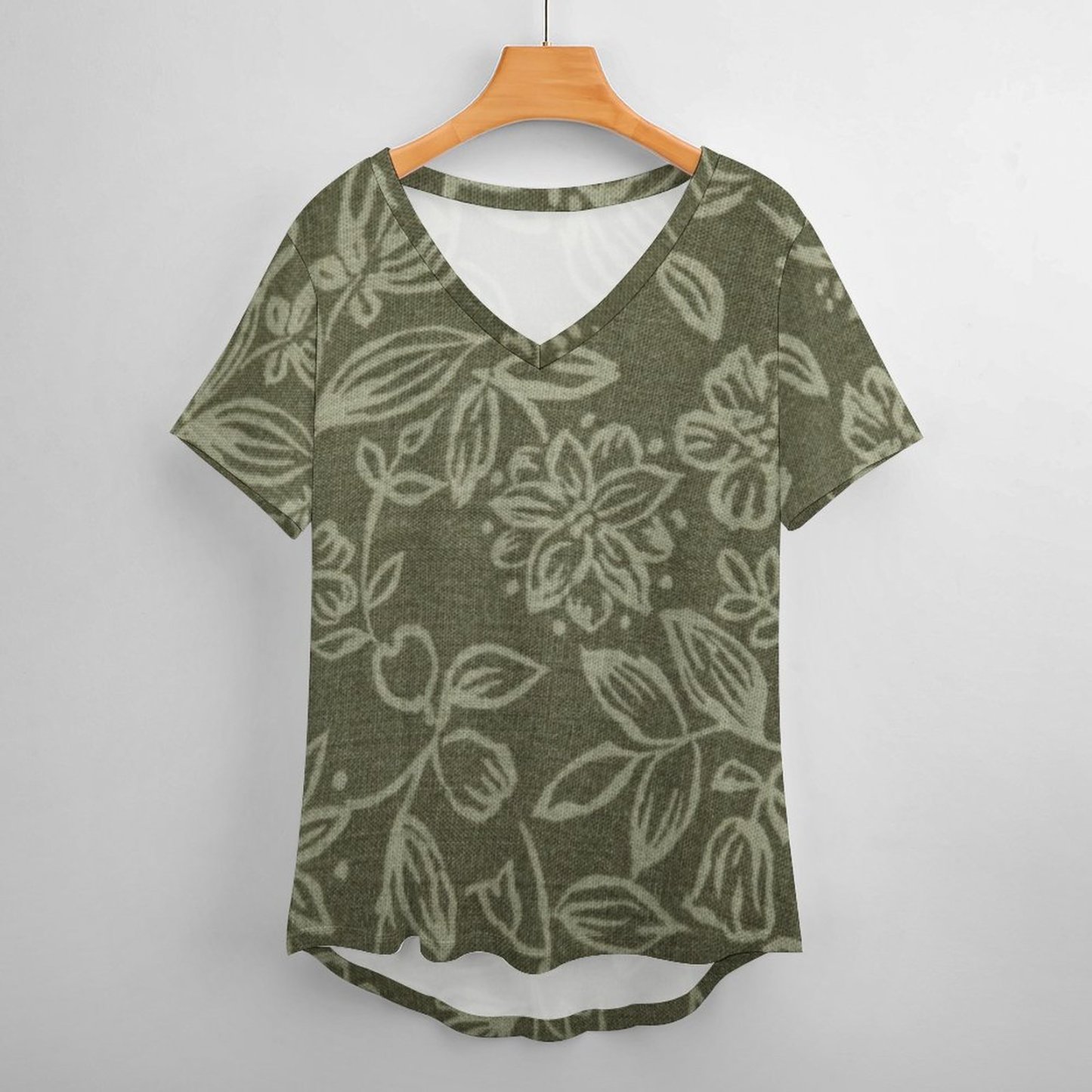 Olive Green Fabric With Foral Womens Summer Casual T Shirts Boho Full Print Short Sleeve Loose Hippie Tunic Tops-Charlylifestyle