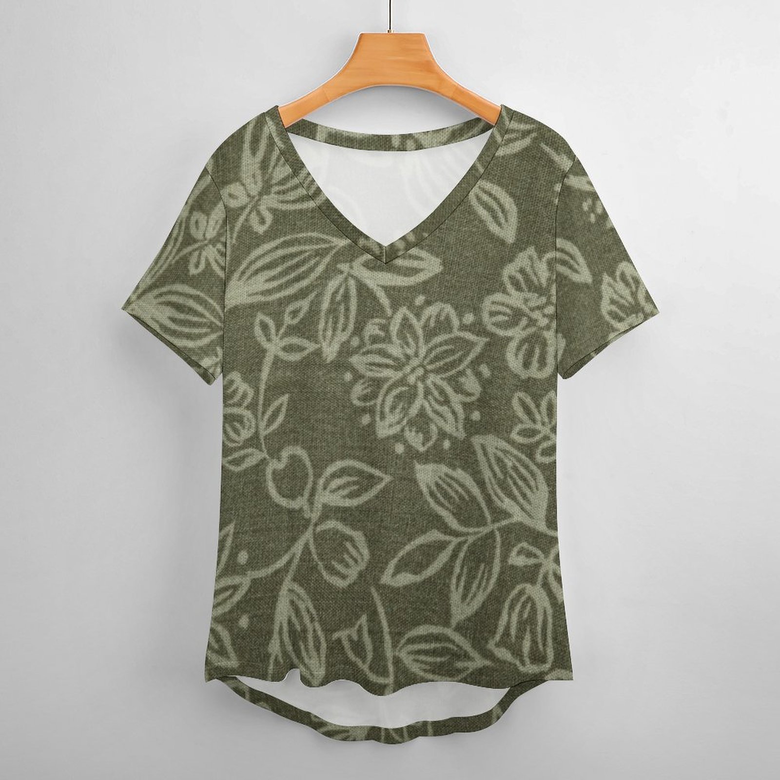 Olive Green Fabric With Foral Womens Summer Casual T Shirts Boho Full Print Short Sleeve Loose Hippie Tunic Tops-Charlylifestyle