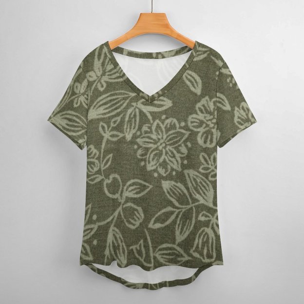 Olive Green Fabric With Foral Womens Summer Casual T Shirts Boho Full Print Short Sleeve Loose Hippie Tunic Tops-Charlylifestyle
